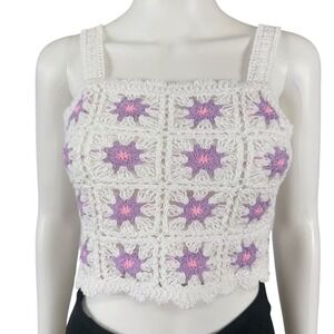 Beautees Crochet Granny Square Floral Crop Top Smocked Boho Cottagecore Indie L